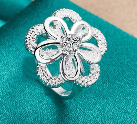 925 Sterling Silver Big Flower Zircon Women Man Fashion Wedding Engagement Party Charm Ring