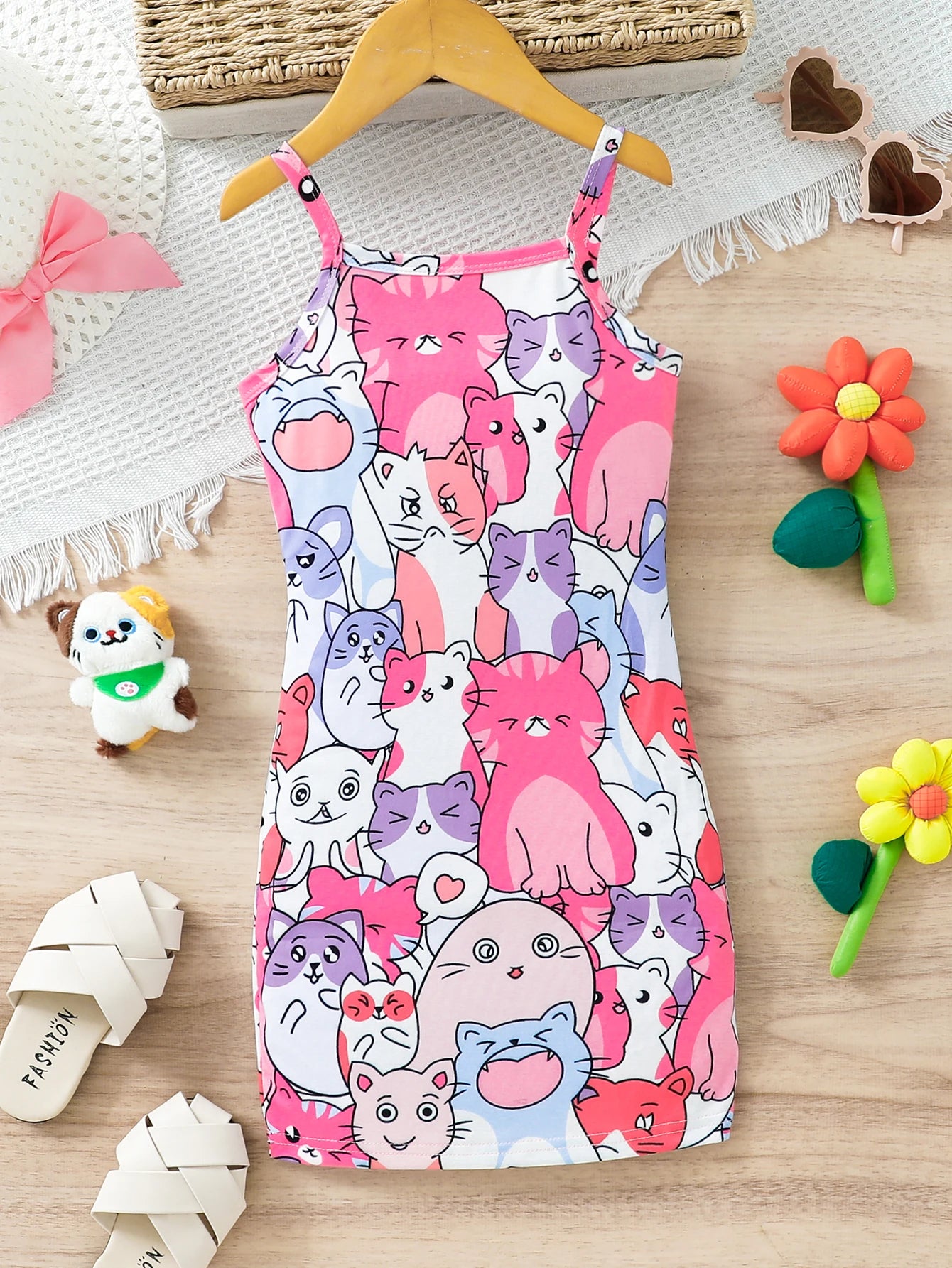 Cute Kids Girls Cartoon Cat Fashion Print Suspender Birthday Dress