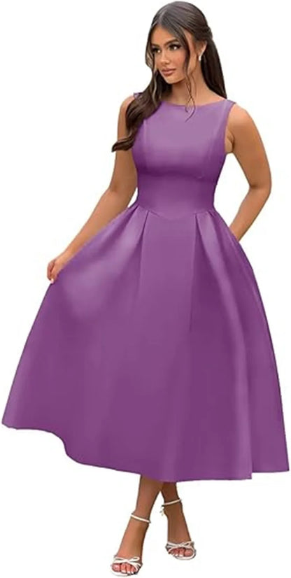 Simple Elegant O-Neck Satin Midi Prom Tea Length Backless A Line Formal Evening Party Bridal Dress w/ Pockets