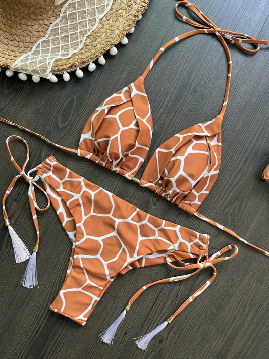 Irregular Print Sexy Bandage Women's Swimsuit Triangle Halter Swimwear Bathing Brazilian Bikini Suit