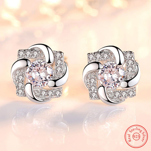 Solid 925 Sterling Silver Crystal Zircon Trendy Flower Stud Earrings