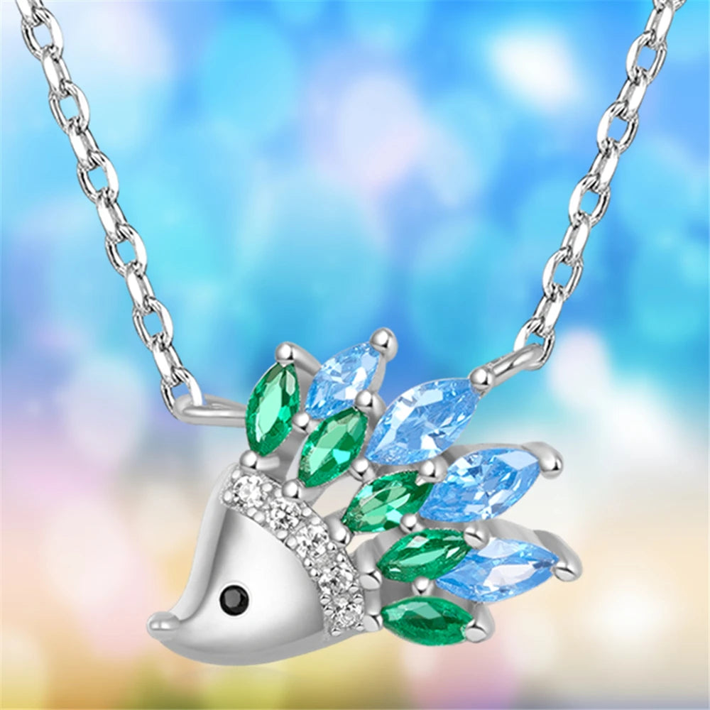 Women Elegant Fashion Design Blue Green Rhombus Crystal Hedgehog Pendant Necklace Gift