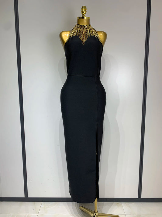 Women Fashion Celebrity Sexy Backless Beading Midi Black Bandage Evening Club Birthday Dress