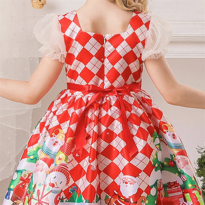 Girls Kids New Year Party Santa Claus Snowman Print Cosplay Costume Xmas Princess Theme Party Dress