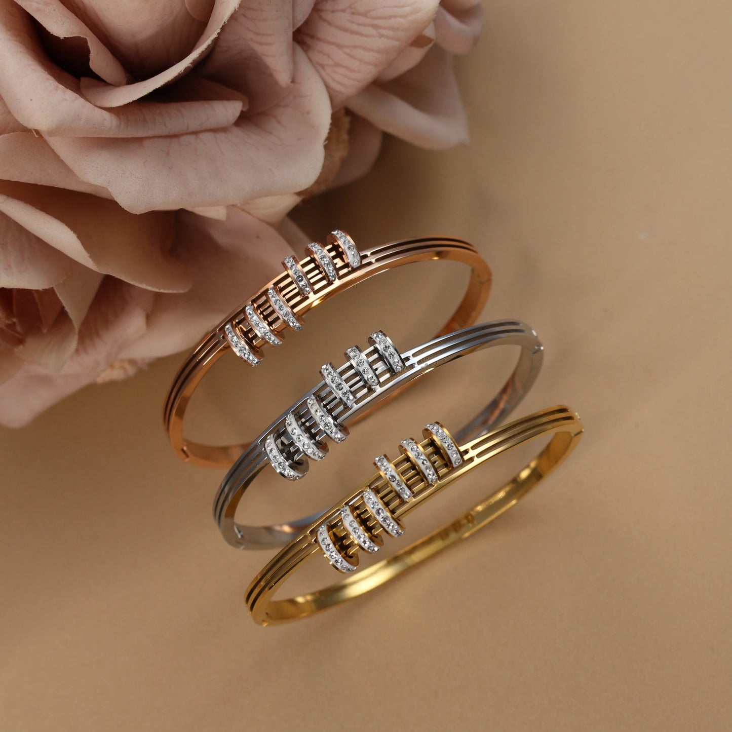 Women's Love Stainless Steel Crystal Bracelets Half Face Hollow Design Bracelet Bangle Jewelry Gifts