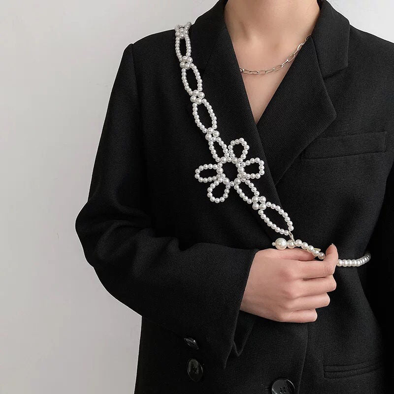 Women Flower Waistband Pearl Rhinestone Girdle Chain Waist Strap Belts
