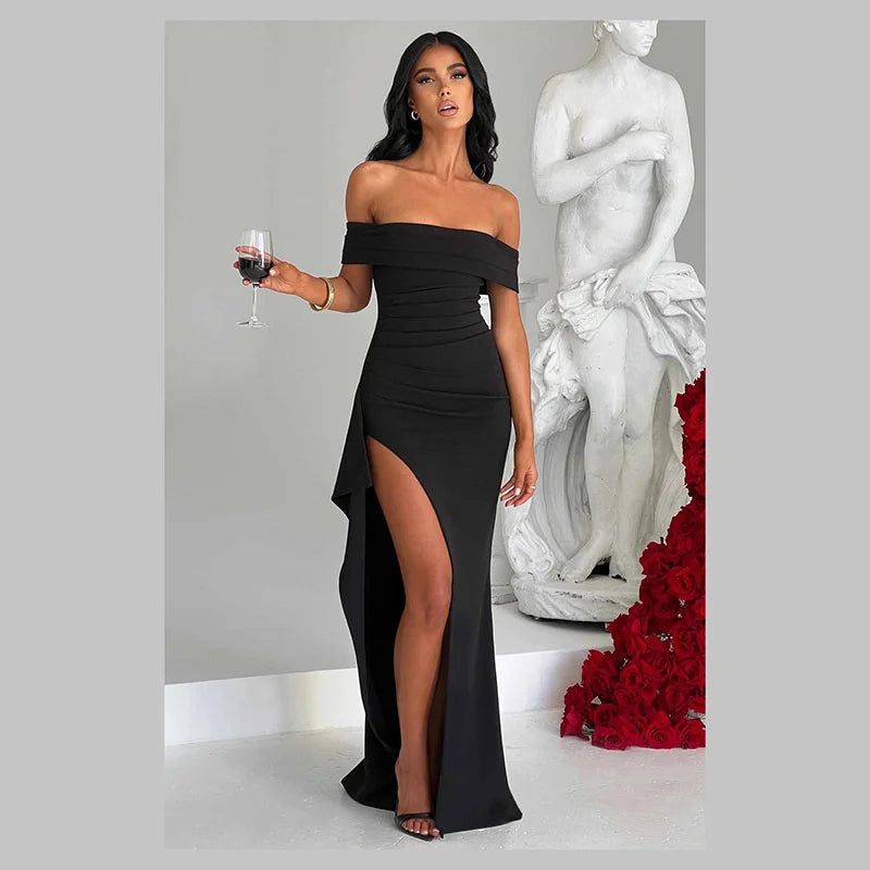 Women Off-shoulder Ruffled Thigh High Split Maxi Slash Neck Backless Bodycon Party Evening Dress