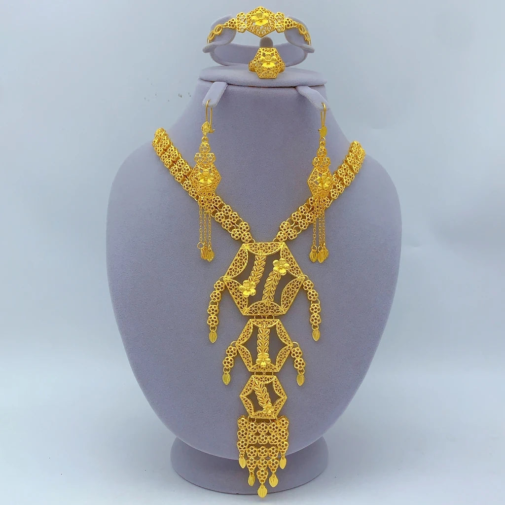 Italian 24K Gold Color Women Ethiopian Dubai Flower Wedding Necklace Bracelet Earring Ring Sets