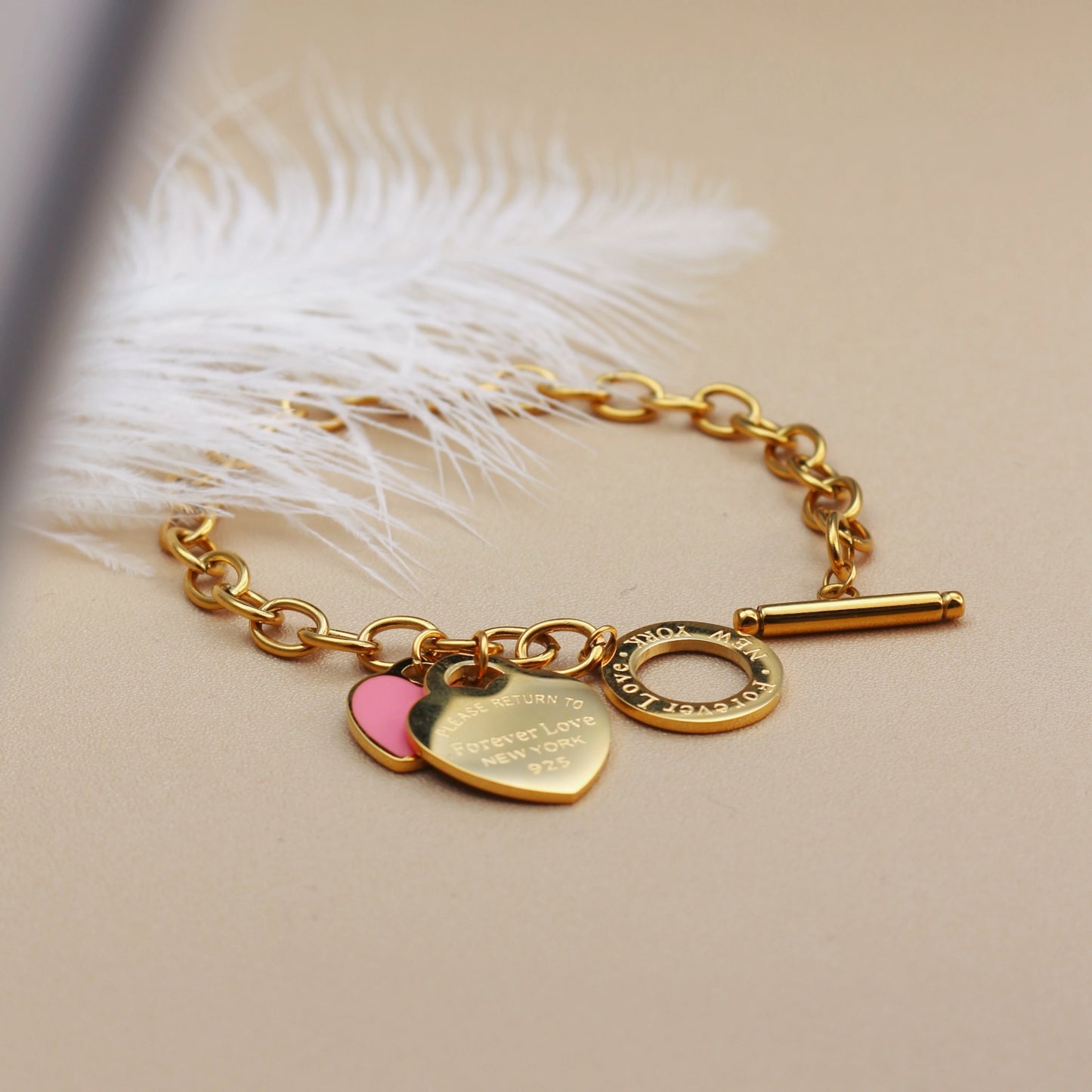 Fashion Stainless Steel Gold Color Double Heart Pendant Design FOREVER LOVE Bracelet Bangle
