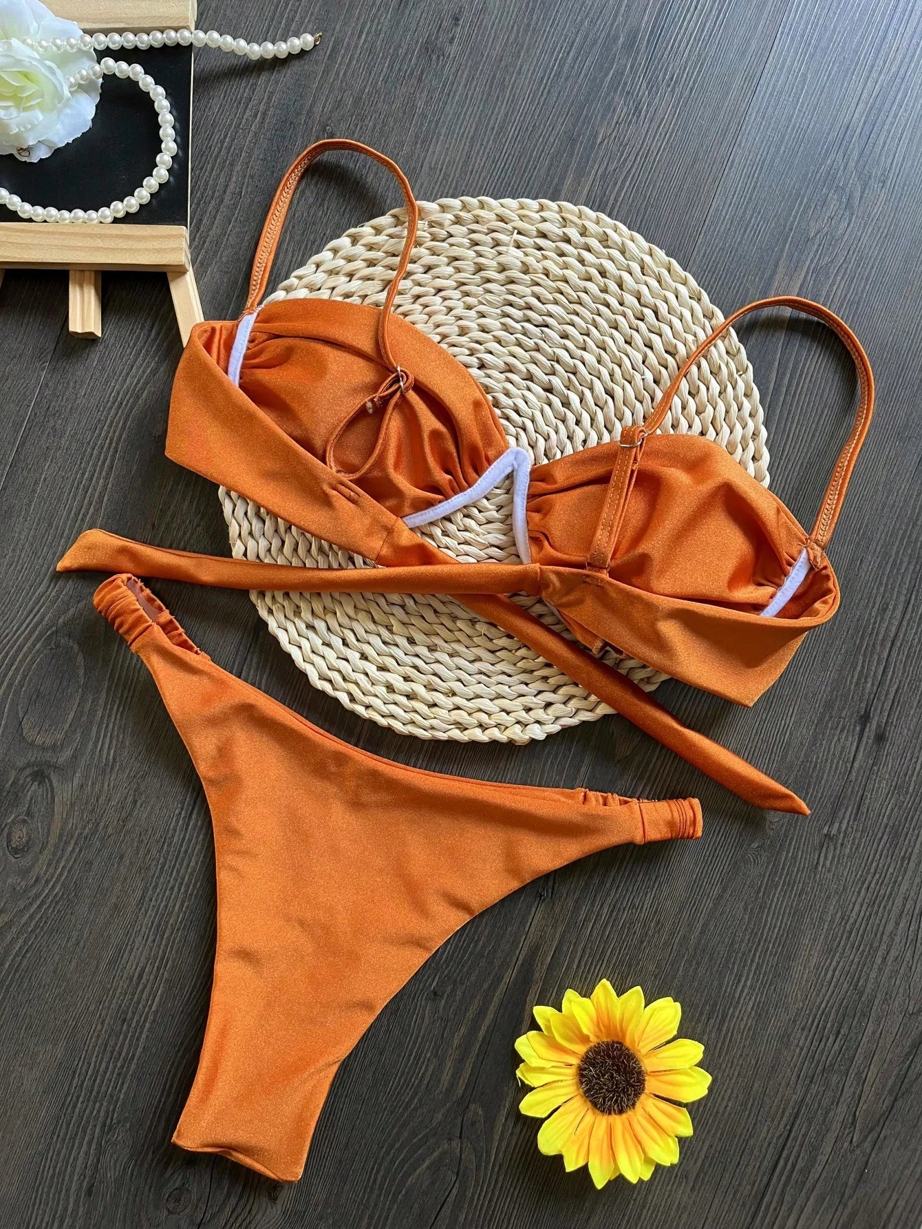 Sexy 3D Flower Women V Wire Underwired Micro Mini Pleated Thong Swimsuit Beach Bathing Suit