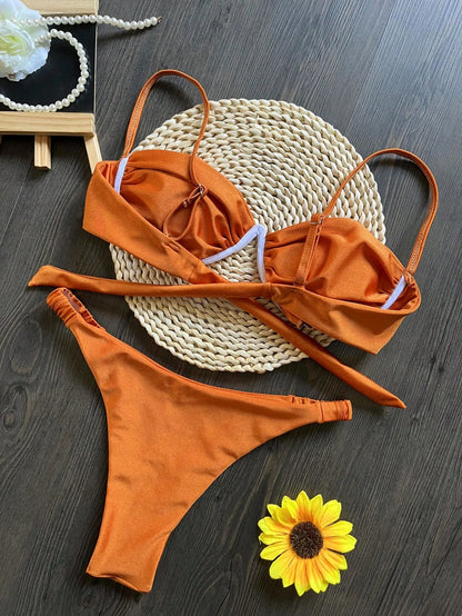 Sexy 3D Flower Women V Wire Underwired Micro Mini Pleated Thong Swimsuit Beach Bathing Suit