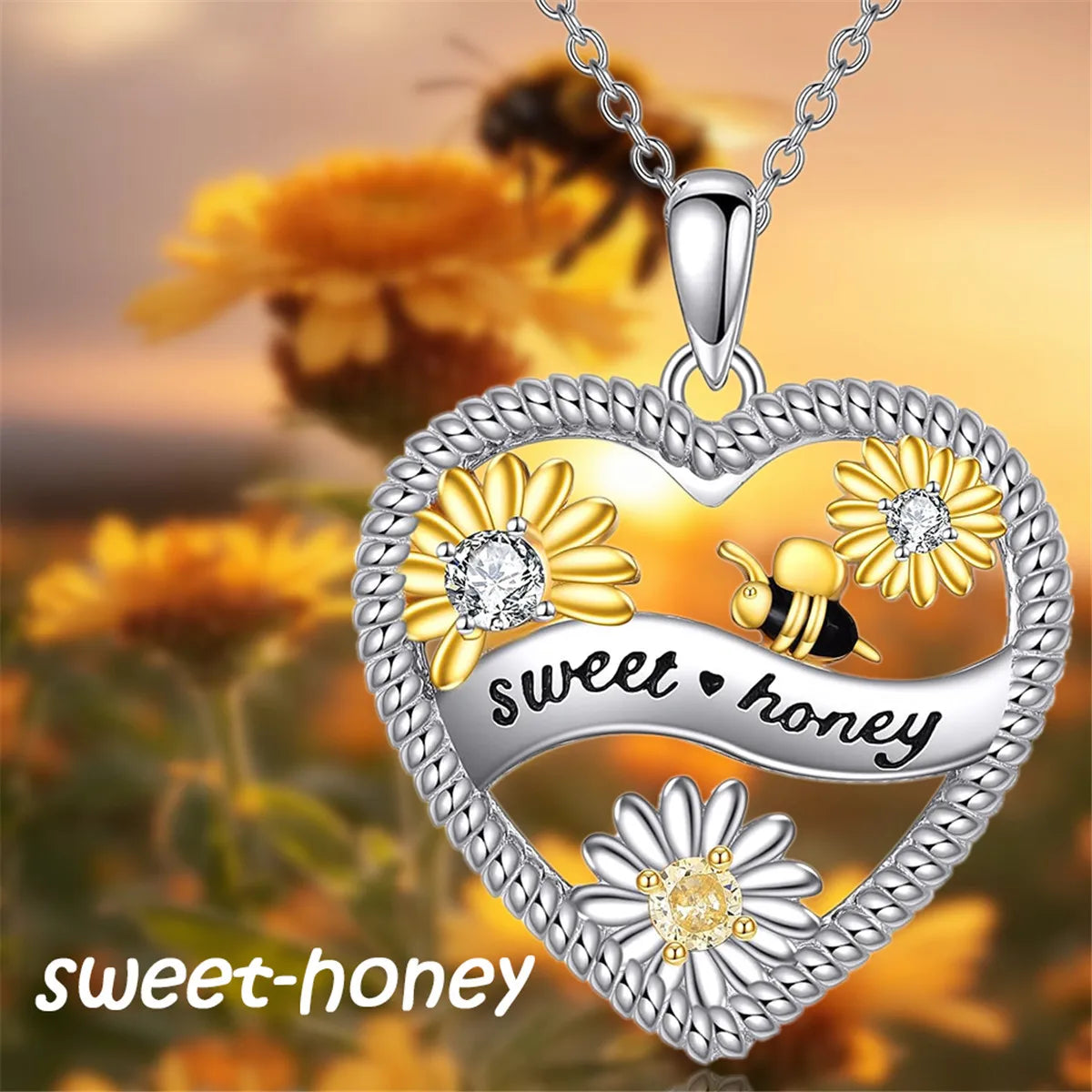 Women Fashionable Elegant Heart Shaped Bee Sunflower Pendant Necklace