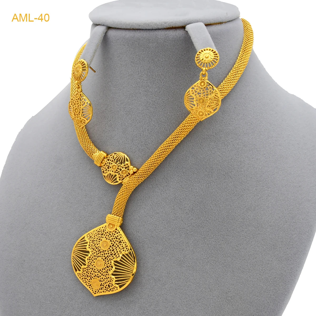 Dubai 24K Gold Plated Women Heart African Indian Bridal Wedding Necklace Earrings Jewelry Set