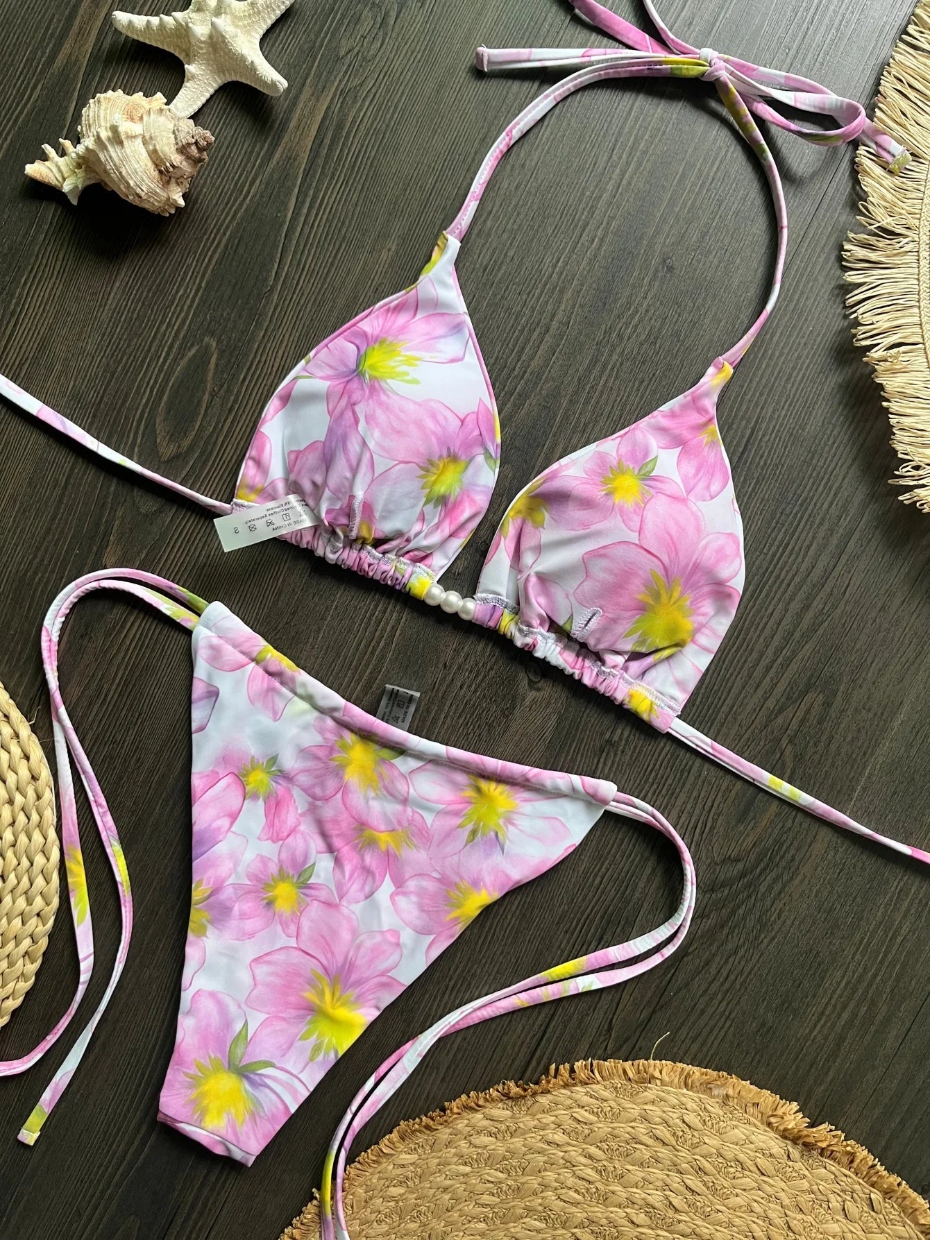 Micro Women Swimsuit Brazilian Bikini Halter Print Push Up Pearl Beachwear Suit