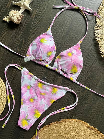Micro Women Swimsuit Brazilian Bikini Halter Print Push Up Pearl Beachwear Suit