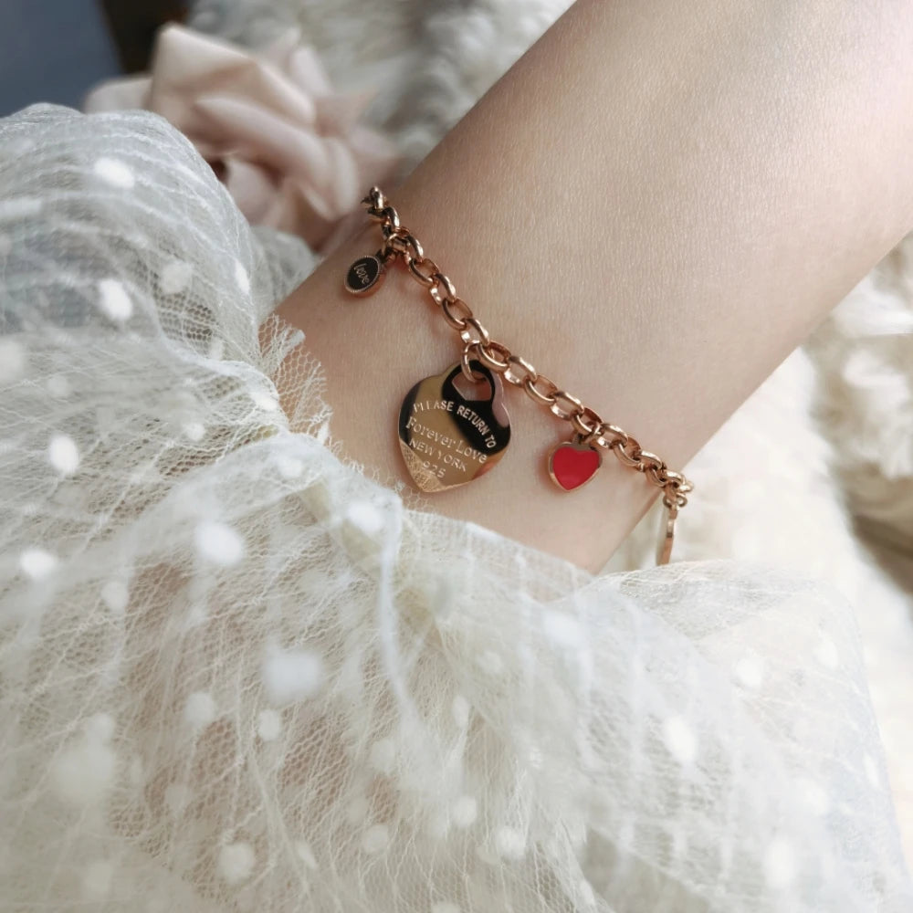 Women Fashion Stainless Steel Gold color Bangle LOVE Heart Pendant LOVE Bracelet