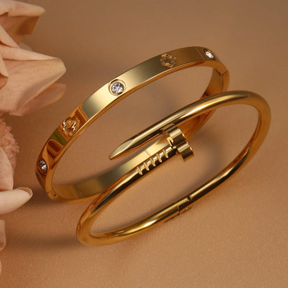 Women Heart Shaped Zircon Stainless Steel Gold Color 2-in-1 Bangles Bracelet Jewelry