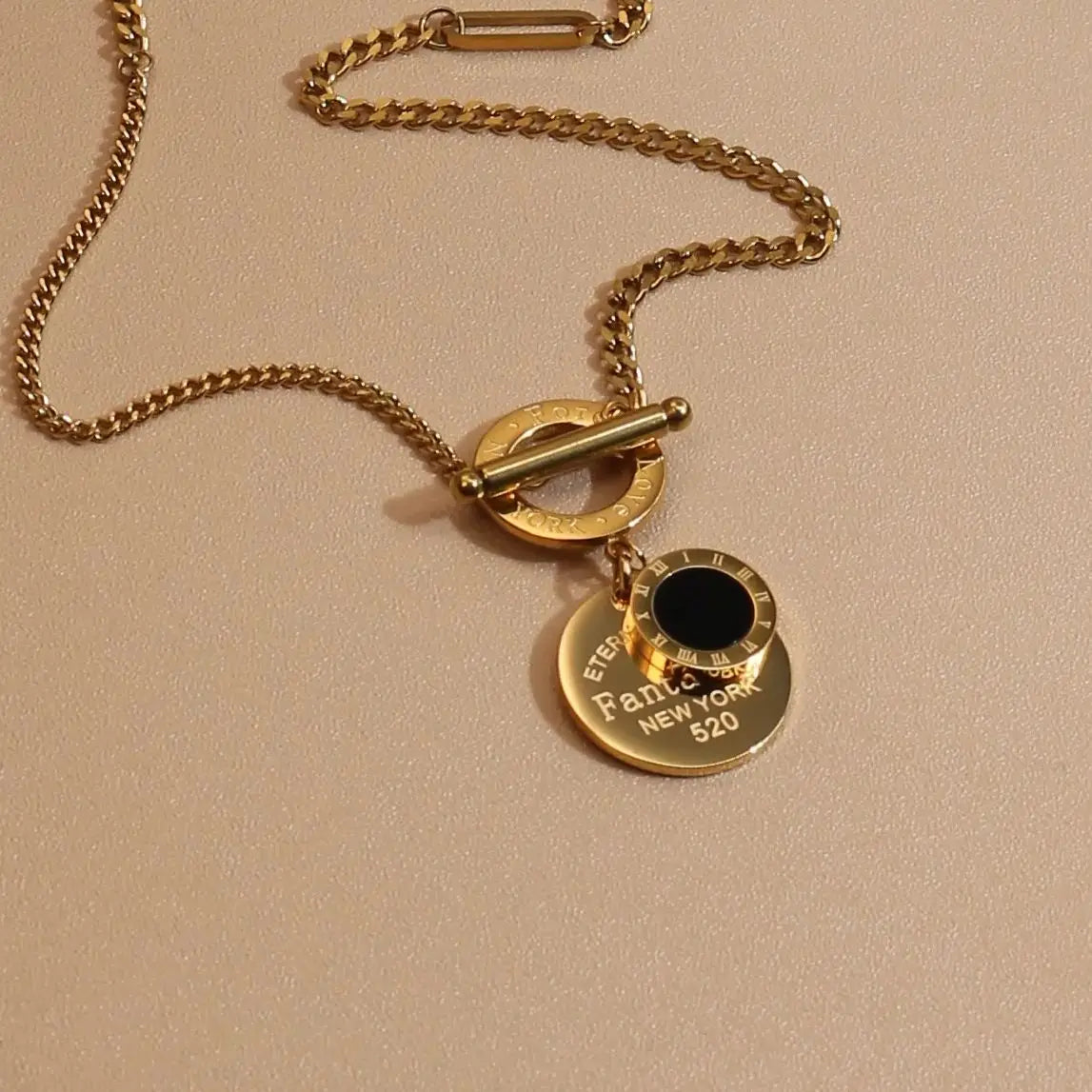 FOREVER LOVE Roman Numeral Round Stainless Steel 18K Gold Pated Women's Pendant Necklace