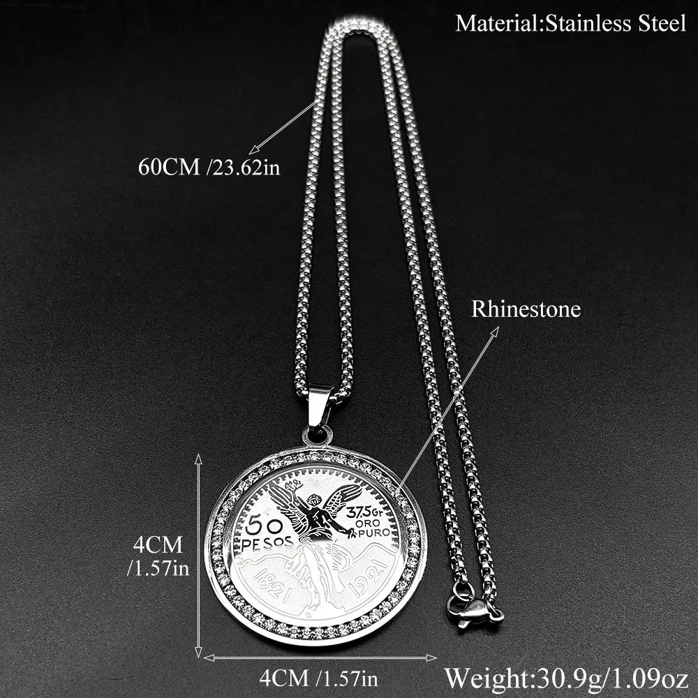 Men Women Stainless Steel Gold Color Winged Victory 1921 Mexican 50 Pesos Rhinestones Amulet Pendant Necklace