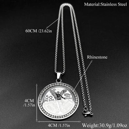Men Women Stainless Steel Gold Color Winged Victory 1921 Mexican 50 Pesos Rhinestones Amulet Pendant Necklace