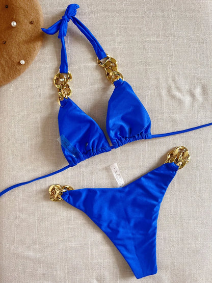 Sexy Triangle Solid Color Chain Decor Split Bikini Beachwear Brazilian Swimwear Bathing Suit