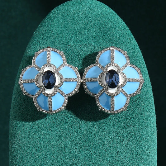 Luxury Designer Large Blue Clover Four Leafs Flower Stud Charms Vintage Earrings