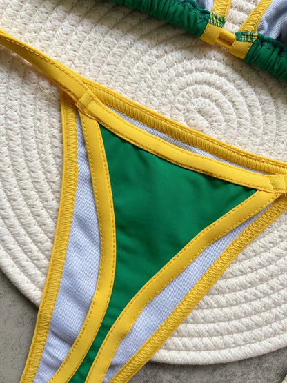Women Swimwear Swimsuit Two-pieces Brazil Flag Bathing G-string Thong Brazilian Bikini Suit