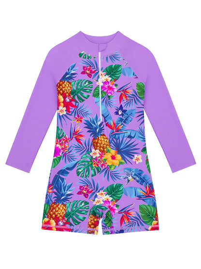 Long-Sleeved Purple Kids Girls One-Piece Tropical Plants Print Boyleg Rash Guard Beach Swimming Suit