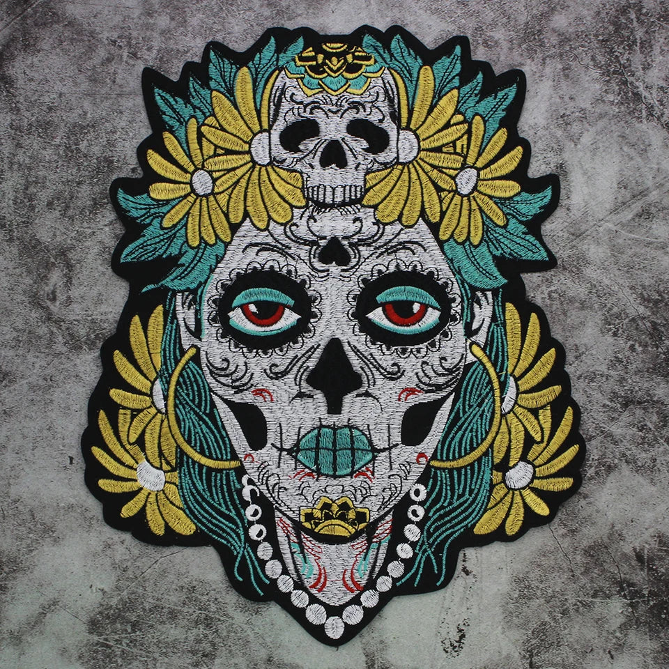 Punk Biker Embroidery Flower skull Patch Appliques Iron on Patches Badge Clothes Sewing