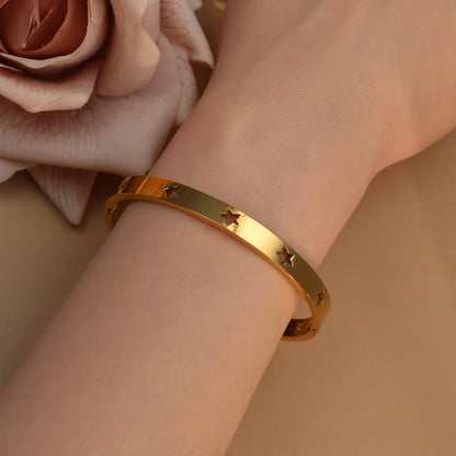 18K Gold Plated Stainless Steel Hollow Star Zircon Bracelet Bangle