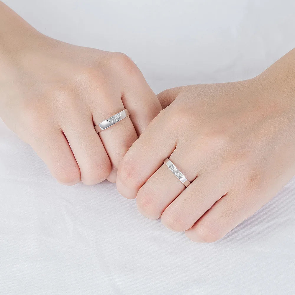 Unisex 925 Sterling Silver Bridal Wedding Splicing Heart Crystal Zircon Couple Rings