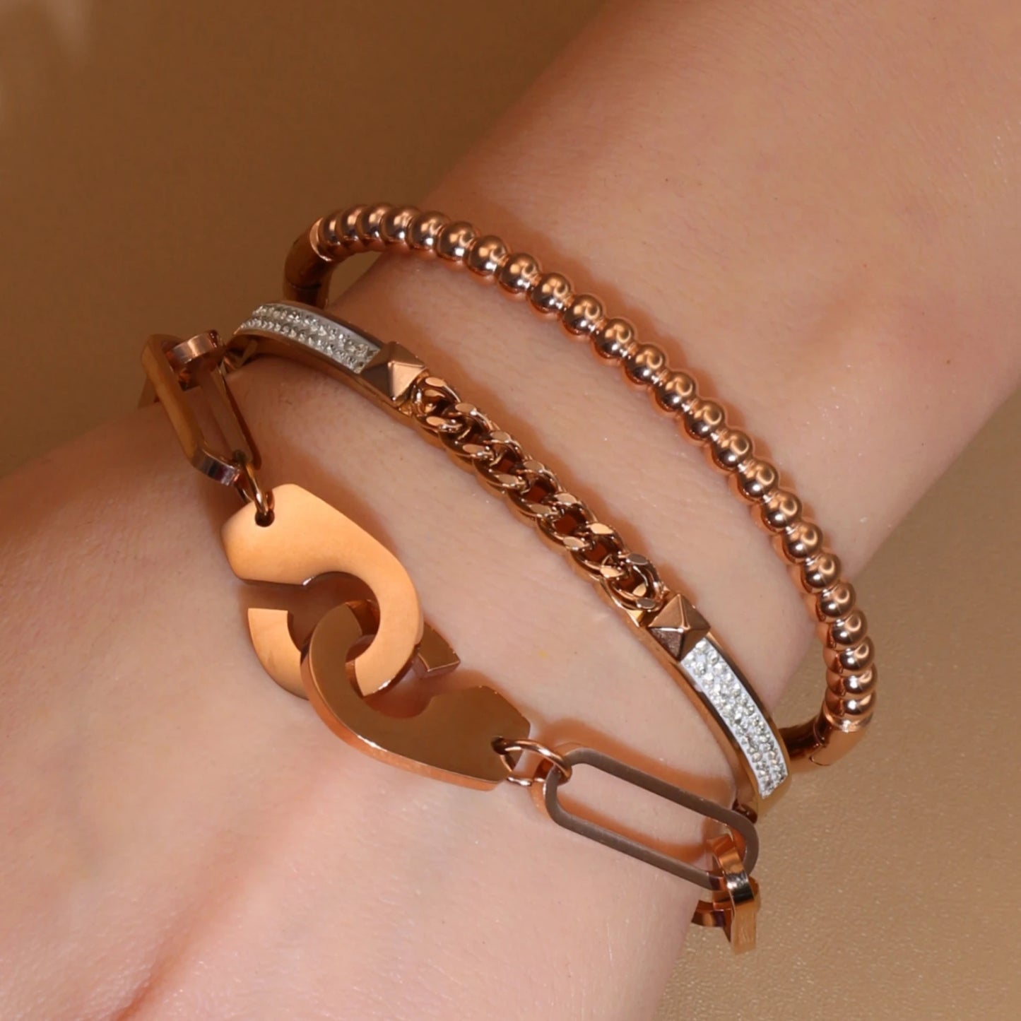 Women 18K Gold-Plated Stainless Steel Bead Open Bracelet Clasp Design Bangles Jewelry