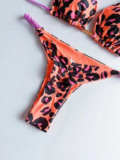 Sexy Women Braided Rope Micro Bikini Swimsuit Leopard Print Brazilian Bathing Suit