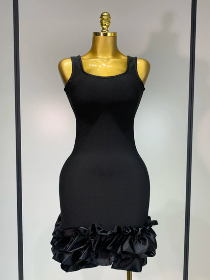 Women Spaghetti Strap Bodycon Short Black Pleated Ruffle Hem Sleeveless Evening Party Cocktail Birthday Dress