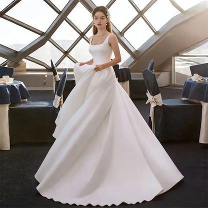 Elegant Backless Satin A-Line Square Neck Sleeveless Bridal Wedding Dress Gowns w/ Pockets
