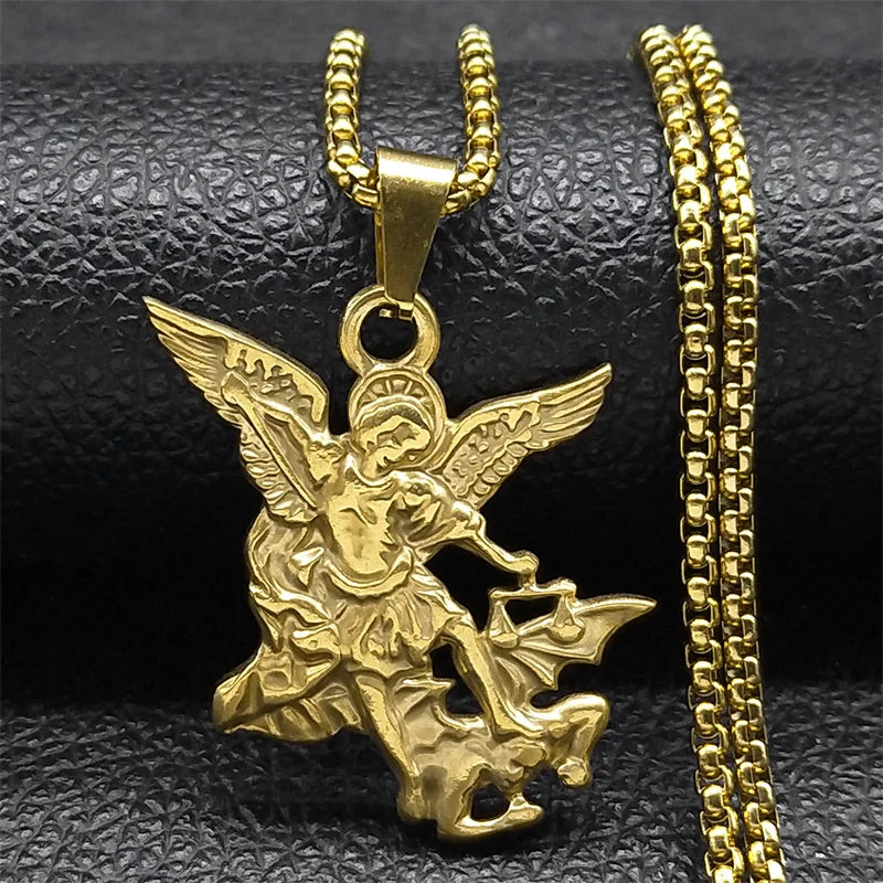 Women Men Stainless Steel Saint Protection St Archangel Michael Chain Necklace