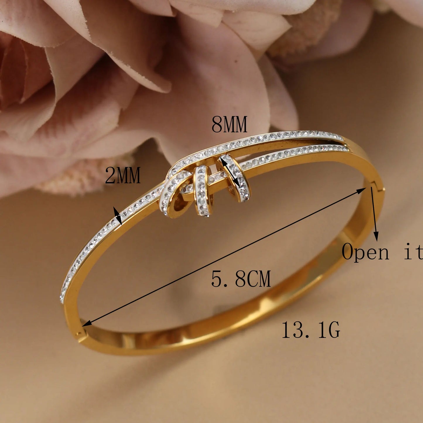 Delicate Crystal Cutout Knot Stainless Steel Gold Color Women's Charm Bracelet