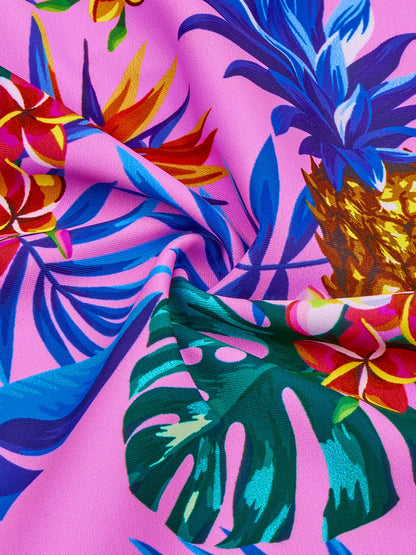 One-Piece Kids Girl Long-Sleeved Pink Plants Print Zipper Boyleg Shorts Swimming Swim Romper