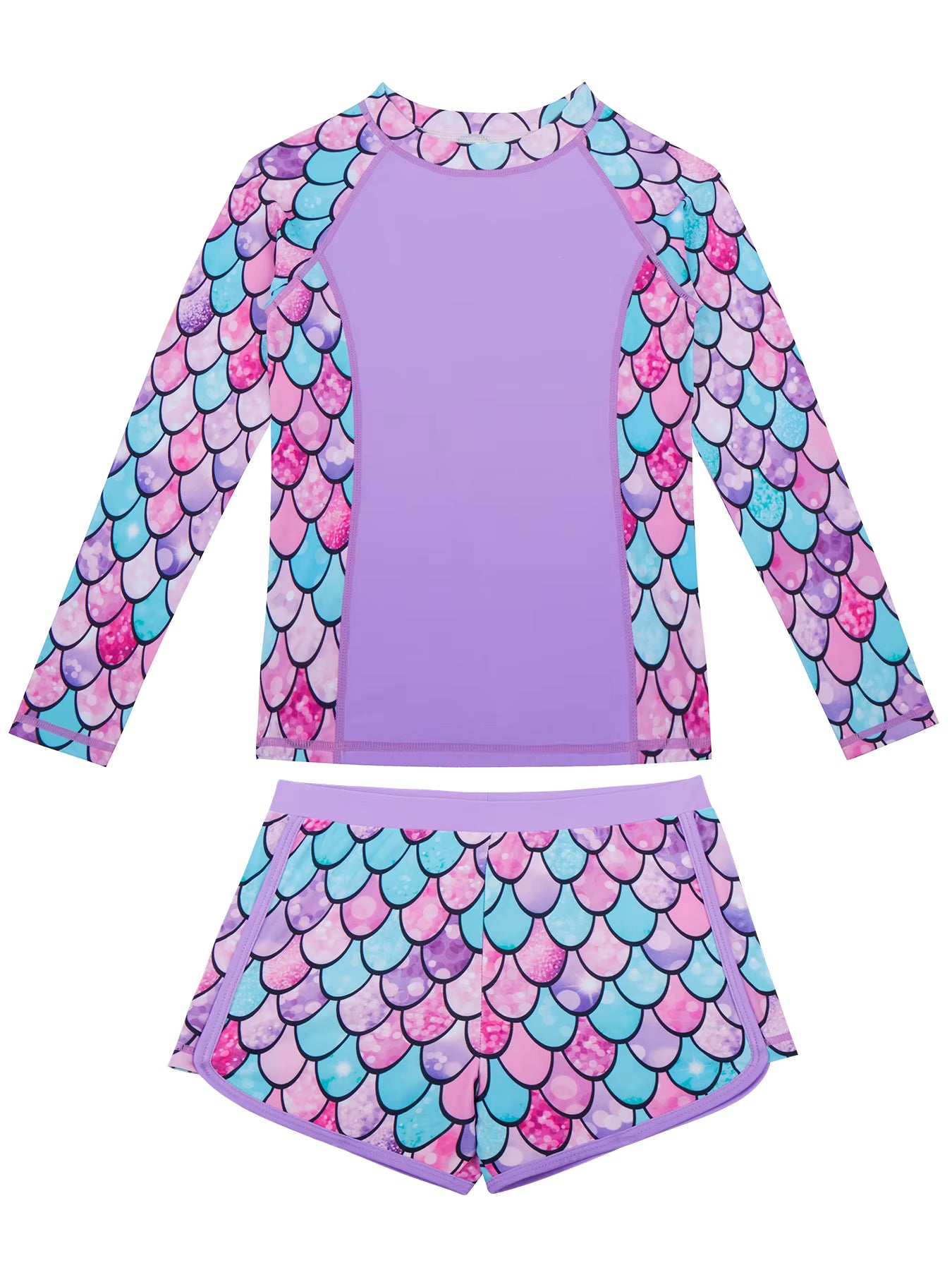 2pcs Kids Girls Long-Sleeved Scale Print Tops Boyleg Swim Shorts Swimwear Suit