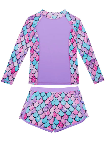 2pcs Kids Girls Long-Sleeved Scale Print Tops Boyleg Swim Shorts Swimwear Suit