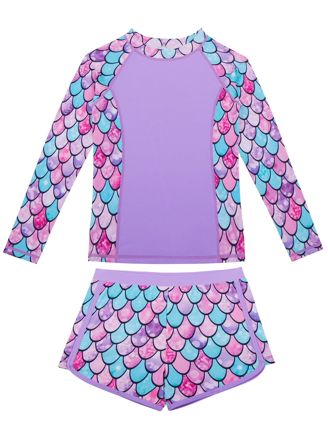 2pcs Kids Girls Long-Sleeved Scale Print Tops Boyleg Swim Shorts Swimwear Suit