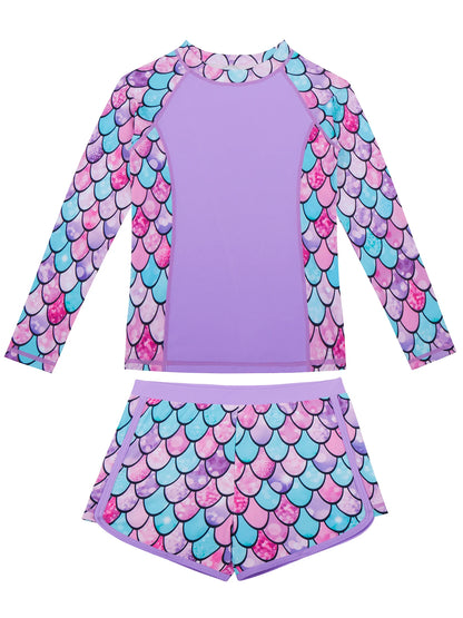 2pcs Kids Girls Long-Sleeved Scale Print Tops Boyleg Swim Shorts Swimwear Suit