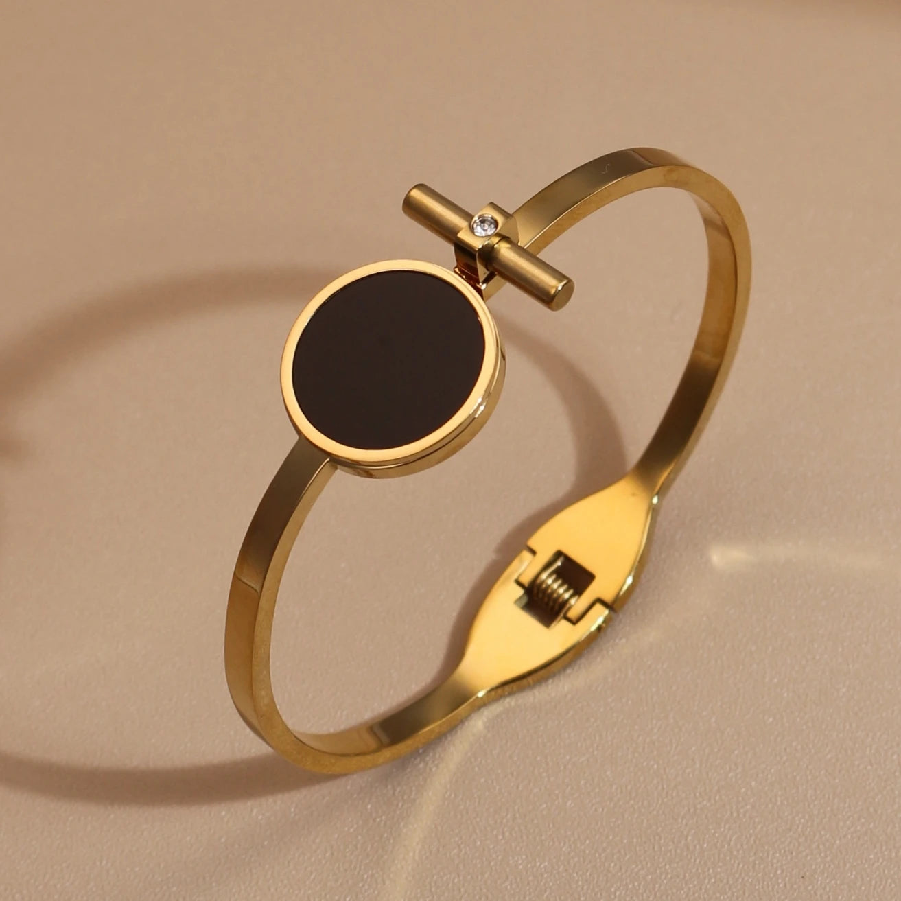 Women 2-In-1Black Acrylic Zirconia Stainless Steel Ring Bangle Bracelet Gifts Set