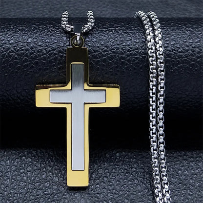 Men Fashion Cross Gold Stainless Steel Choker Cross Stainless Steel Choker Pendant Necklace