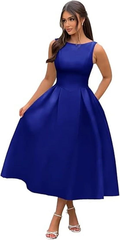 Simple Elegant O-Neck Satin Midi Prom Tea Length Backless A Line Formal Evening Party Bridal Dress w/ Pockets