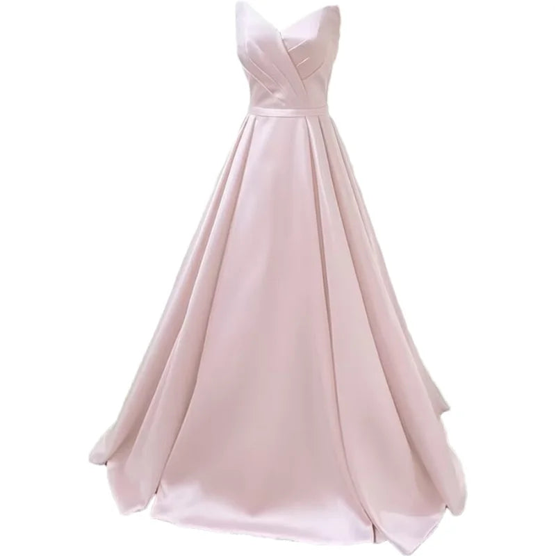 Women Strapless Simple Satin A Line Evening Party Formal Gown Corset Pleat Sweetheart Long Prom Dress w/Pocket