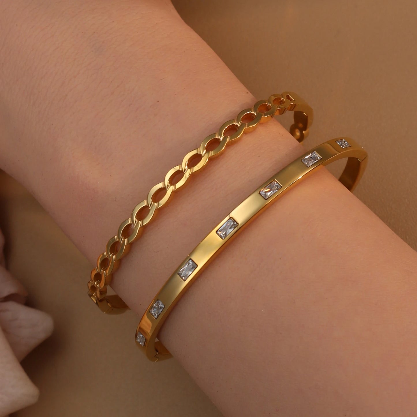 18K Gold Plated Stainless Steel Zircon Chain Hollow Women's Bracelet