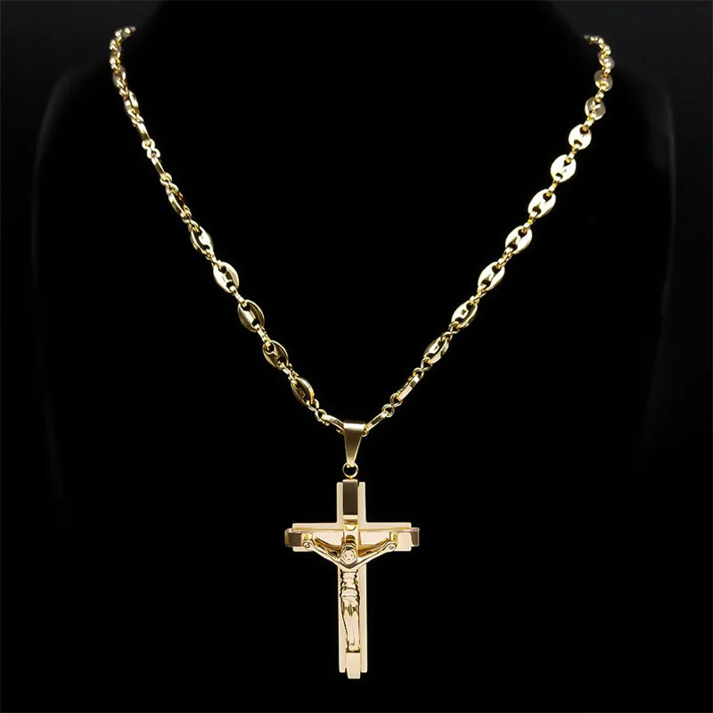 Men Stainless Steel Gold Color Christian Jesus Cross Crucifix Pendant Necklace
