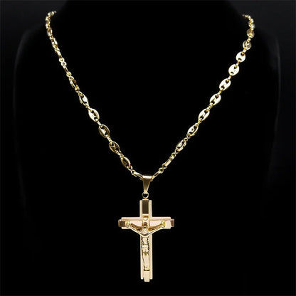 Men Stainless Steel Gold Color Christian Jesus Cross Crucifix Pendant Necklace