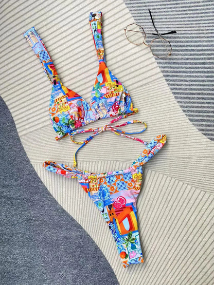 2pcs sexy push up floral print bikinis wrinkled high waist thong swimsuit swimwear bathing suit